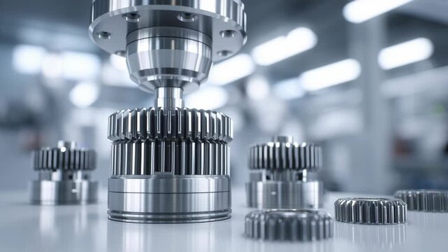 Electric motor assembly process, precision metal components aligned on clean work surface, soft neutral lighting, minimal industrial environment, high clarity, modern engineering aesthetic