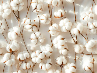 Background with cotton bolls containing soft, fluffy fibres. Opened fluffy cotton flowers buds, harvesting. Full frame.