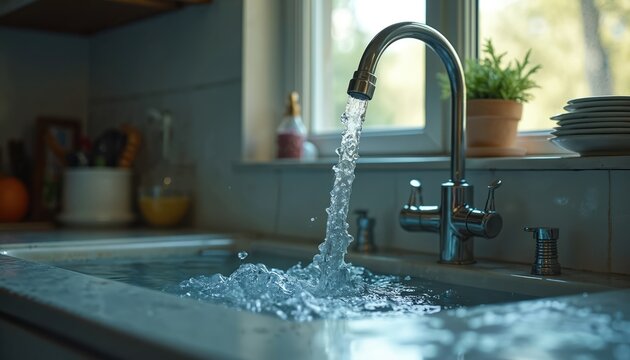 Kitchen sink fills with water from running tap. Blocked drain causes water overflow. Plumbing problem or clogged pipes need fixing. Household nuisance.
