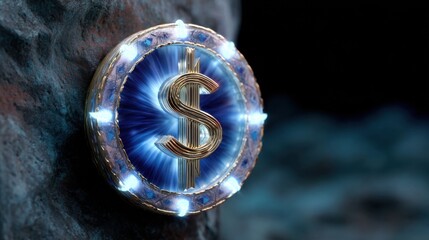 Illuminated dollar symbol on a textured background, representing wealth, finance, and investment in a digital age