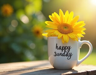 Fototapeta premium White mug with text happy sunday holds bright yellow sunflower. Sun shines on wooden table, blurred green garden background. Peaceful morning coffee moment.