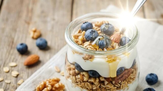 A visually appealing close-up captures golden honey being delicately drizzled over a delicious layered breakfast parfait in a clear glass jar. This wholesome meal features creamy yogurt, crunchy grano