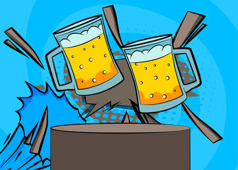 Comic Book Product podium stage for mockup presentation with Beer glass. Retro comics background.