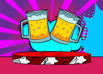 Comic Book Product podium stage for mockup presentation with Beer glass. Retro comics background.
