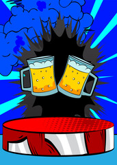 Comic Book Product podium stage for mockup presentation with Beer glass. Retro comics background.
