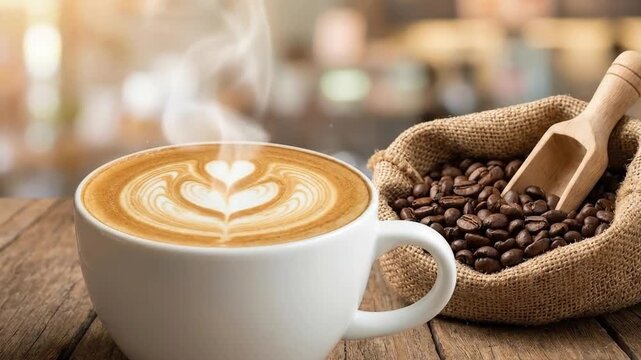 A visually appealing close-up shot features a steaming hot cup of freshly brewed latte, adorned with intricate heart-shaped latte art, set gracefully on a rustic wooden surface. Beside the elegant whi