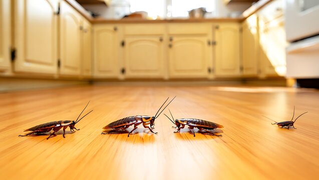 Close-up of cockroaches crawling on a modern kitchen floor, highlighting household pest infestation, hygiene issues, and the importance of pest control, prevention, and professional cleaning services.