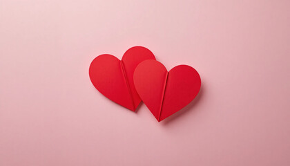 Minimalist design featuring three red paper hearts on a soft pink background for valentine's