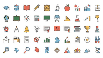 Education icons illustrate learning concepts and academic tools in a digital format 