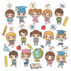 Children in graduation caps play with school supplies and think about education