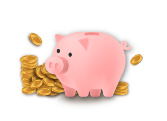 Pink Piggy Bank and Golden Coins for Savings