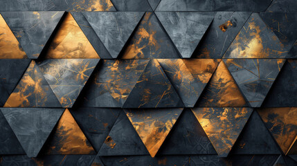 Abstract black golden wallpaper texture with geometric fluted triangles.  Beautiful background for design, banner. Full frame.