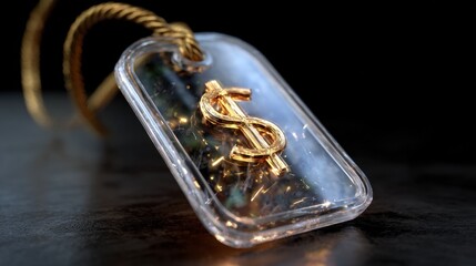 Shiny Dollar Sign Pendant on Transparent Tag with Gold Decoration and Sparkling Background