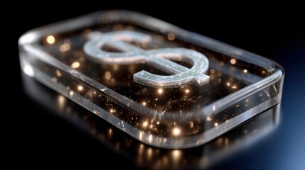 Glimmering Currency Symbol in Acrylic Block with Reflection and Sparkling Background for Financial Concepts