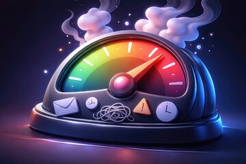 Colorful performance meter indicating productivity levels with a blend of time management elements representing urgency focus and optimal workflow dynamics in a digital workspace