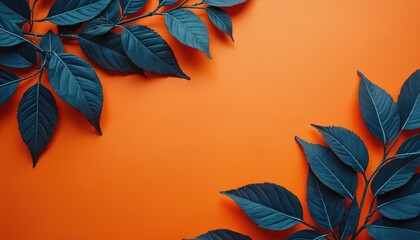 Dark blue leaves spread across a bright orange surface. The plant branches create a striking color contrast. Useful for design backgrounds or seasonal themes.