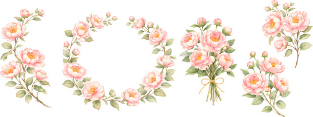 Watercolor pink rose floral collection with wreath and bouquets, isolated on white background.