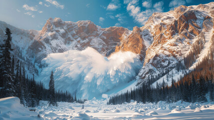 Avalanche descends in gorge from snow-covered mountain with fir trees. Impressive sight and dangerous phenomenon.Copy space.