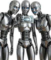 Fototapeta premium Three smiling female android robots posing closely together while holding and using a digital camera for a selfie photograph session technology futuristic cyborg happiness