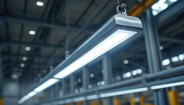 Modern industrial LED light fixtures hang in a large warehouse interior. Bright linear lamps illuminate the vast factory space. Rows of lights provide powerful illumination for production areas.