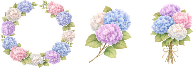 Soft pastel watercolor hydrangea floral arrangement with wreath and branches. bouquet of flowers isolated on white