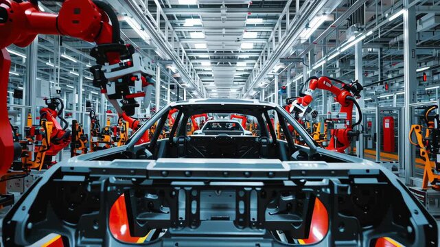A car is being built in a factory with many robots working on it. Electric vehicle chassis assembly line, robotic manufacturing, clean technology-driven environment, electric car factory interior