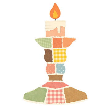 Patchwork paper collage candle holder with lit candle