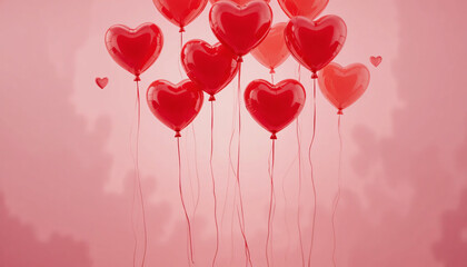 Romantic multiple red heart shaped balloons floating in pink background with clouds