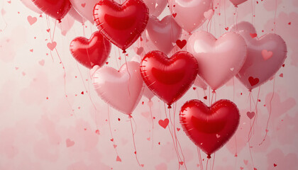 Romantic red and pink heart shaped balloons floating on soft pink background with heart