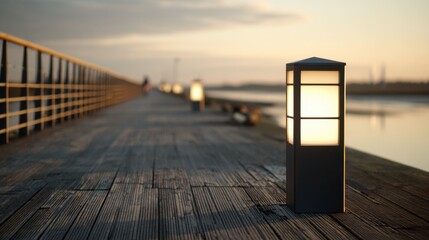 Closeup on a sleek LED pier light sharp in the frame with the surrounding boardwalk and distant water softly out of focus highlighting energyefficient illumination