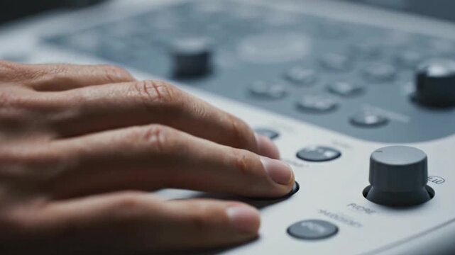 Close-up view of a fair-skinned hand operating a white control panel with buttons and a knob, highlighting relaxed fingers on a dark table surface, captured from a foreground perspective