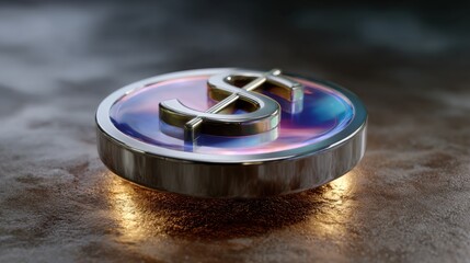 Glossy Metallic Dollar Symbol with Colorful Reflection on Textured Surface