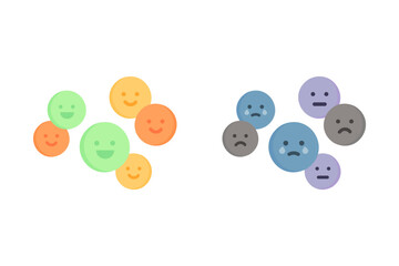 Happy and sad cartoon faces. Mental health, anxiety, mind, stress, mood, psychology, disease concept. Flat vector design isolated illustration.