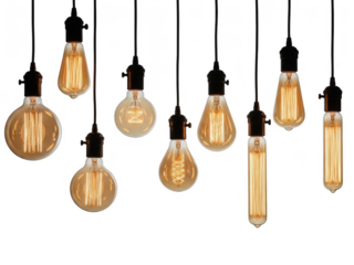 Collection of hanging vintage light bulbs isolated on transparent background