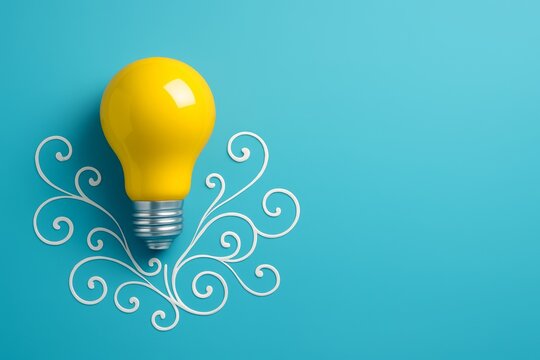Bright yellow light bulb with decorative swirls on blue background symbolizing creative thinking and innovation concept with artistic design style. Ai generative - Powered by Adobe