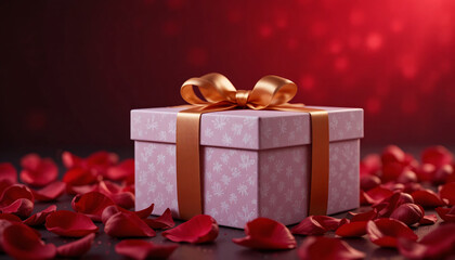 Romantic valentine's day gift box with roses and red petals, elegant present with gold ribbon