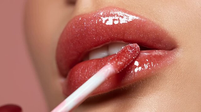 Close-up of a person's lips applying shiny lip gloss with soft focus
