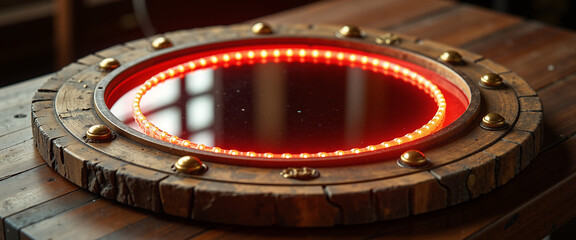 Round wooden mirror on rustic table  