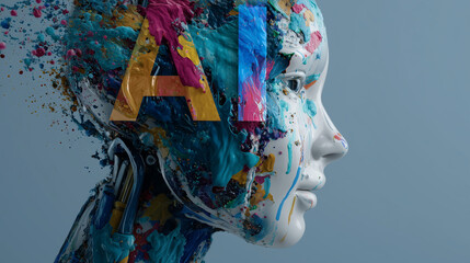Artificial Intelligence Concept: Colorful Painted Head Profile With Abstract Splash Art Symbolizing Creativity And Evolution