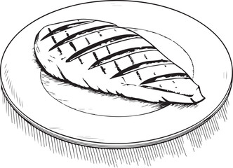Grilled Chicken Breast Fillet Protein Hand-drawn Sketch Drawing Vector Illustration, Line Linear Symbol Engraving Coloring Book, Black and White Isolated