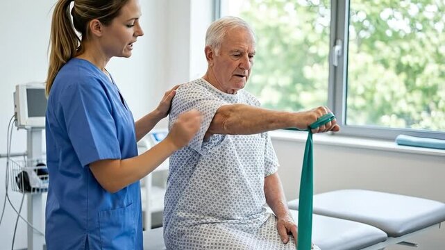 An attentive healthcare professional assists an elderly male patient during a physical therapy session. The patient, dressed in a hospital gown, is actively performing an arm exercise using a green re