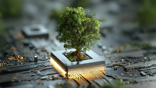 A creative digital composition showcasing a vibrant green tree growing on a computer chip, symbolizing technology meets nature