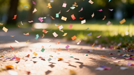 Colorful confetti falling on ground