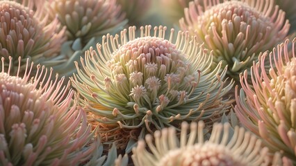 Fototapeta premium CloseUp SoftFocus Cluster PinkGreen Succulent Plants Rosette Texture Sunlight