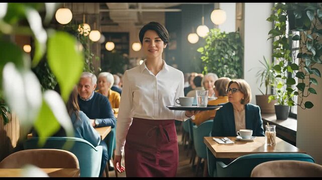 Beautiful young waitress walking with a tray of coffee and water in a busy modern cafe, smiling at the camera while serving customers in a restaurant.