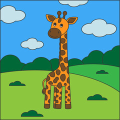Children's vector illustration of a giraffe standing on a bright field of grass and flowers.