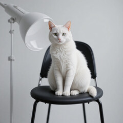 White cat sitting on black chair next to lamp minimal portrait studio