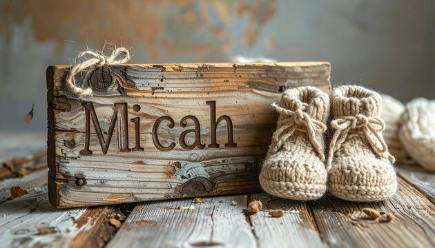 Baby name Micah engraved on a wooden plaque with knitted baby shoes. Image for baby name reveal