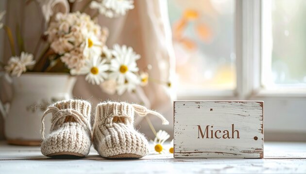 Baby name Micah engraved on a wooden plaque with knitted baby shoes. Image for baby name reveal