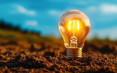 Bright Lightbulb Glowing in Soil Ground